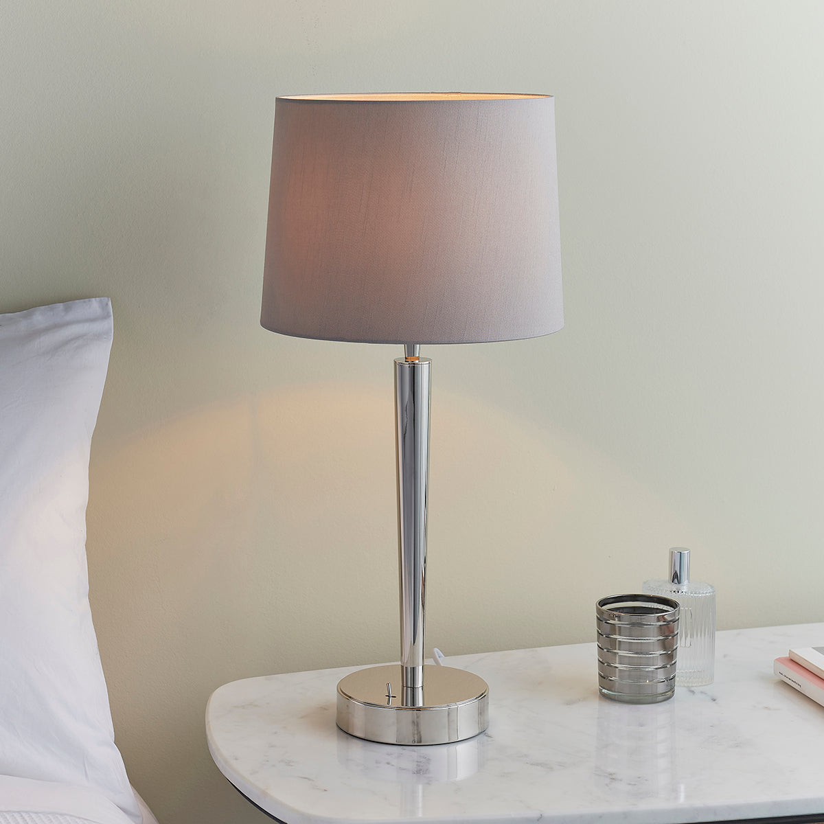 Sylas Table Lamp Usb in Bright Nickel and Mink Fabric