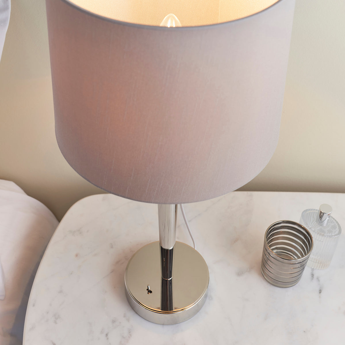Sylas Table Lamp Usb in Bright Nickel and Mink Fabric