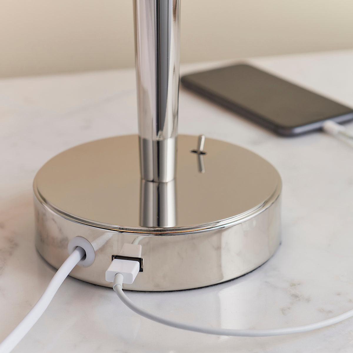 Sylas Table Lamp Usb in Bright Nickel and Mink Fabric