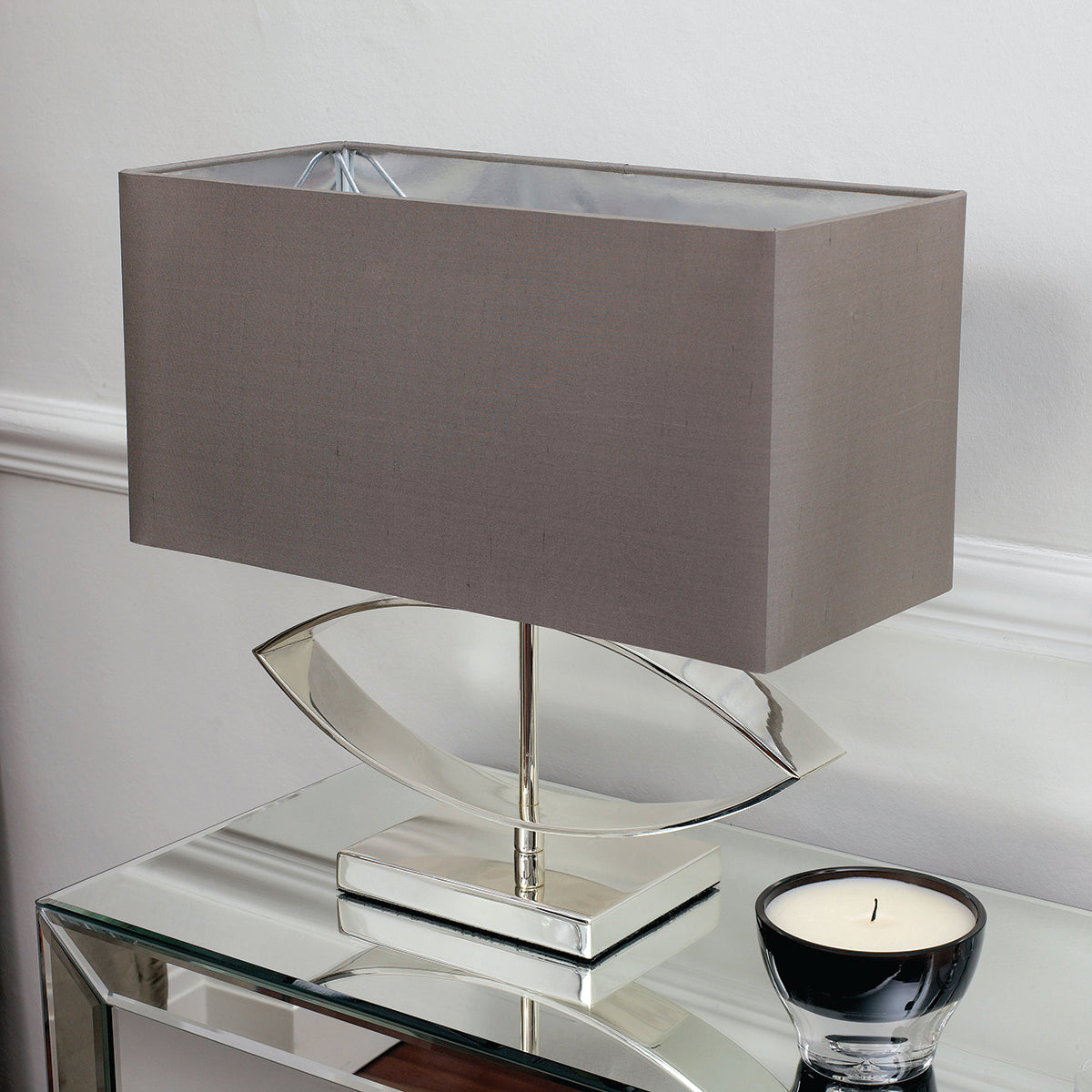 Silver plate & taupe silk