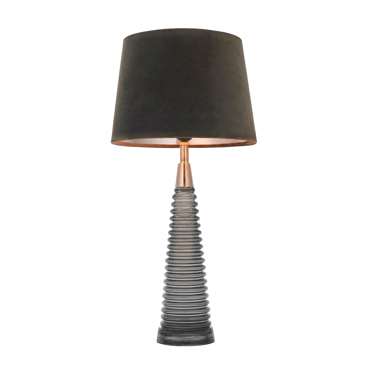 Charcoal ribbed glass, bright nickel plate & mocha velvet