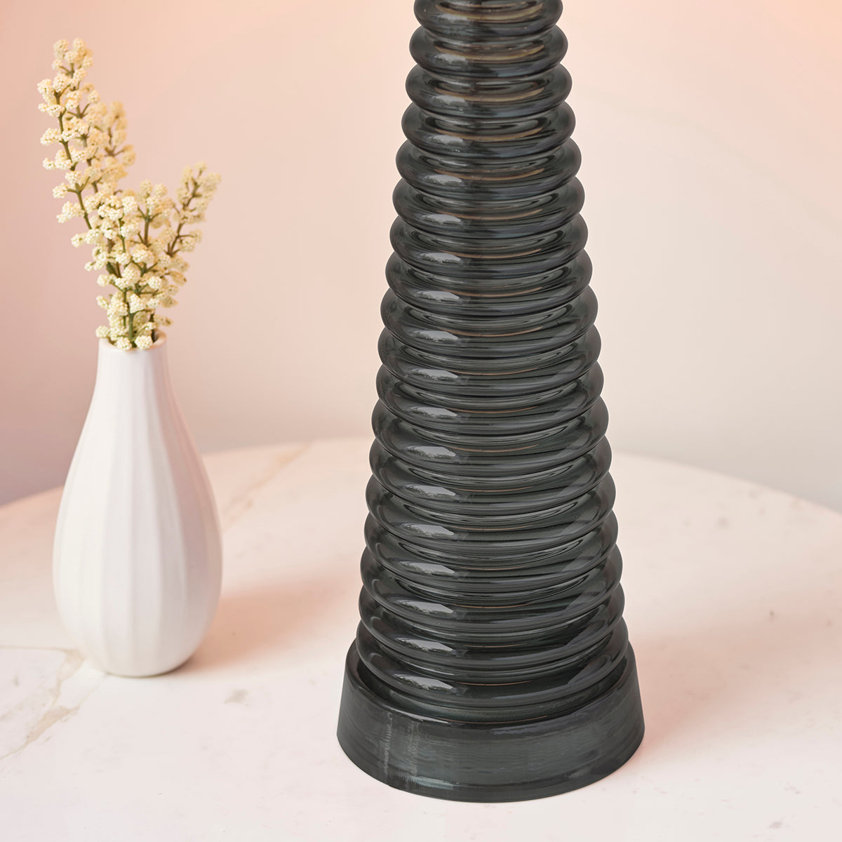 Charcoal ribbed glass, bright nickel plate & mocha velvet