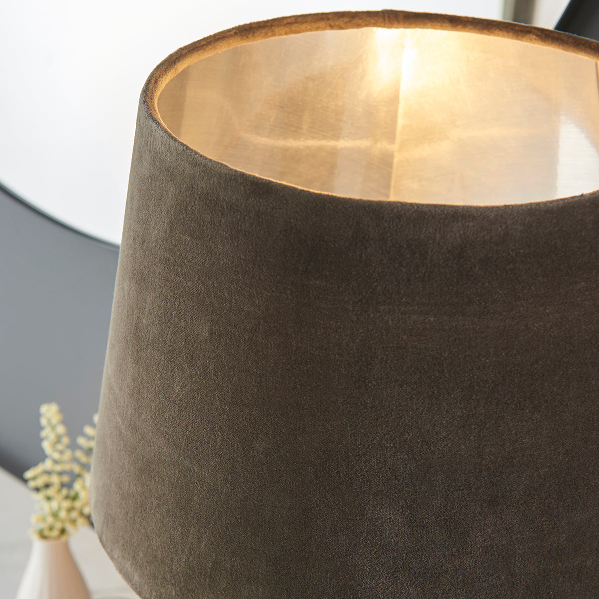 Charcoal ribbed glass, bright nickel plate & mocha velvet