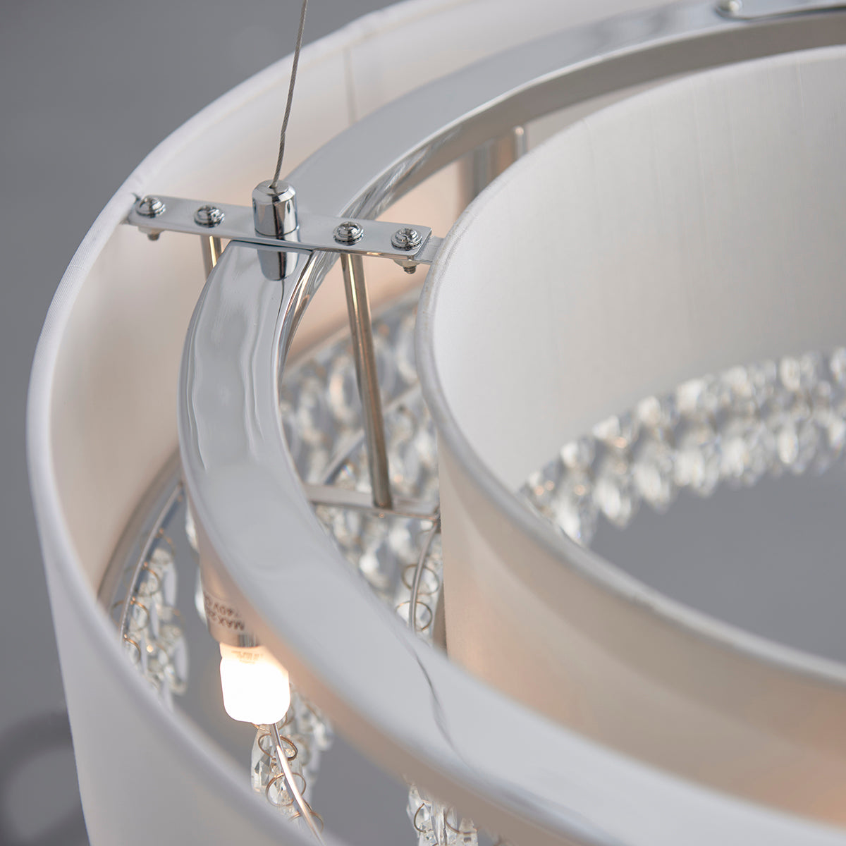 Silver grey fabric, clear glass & chrome plate