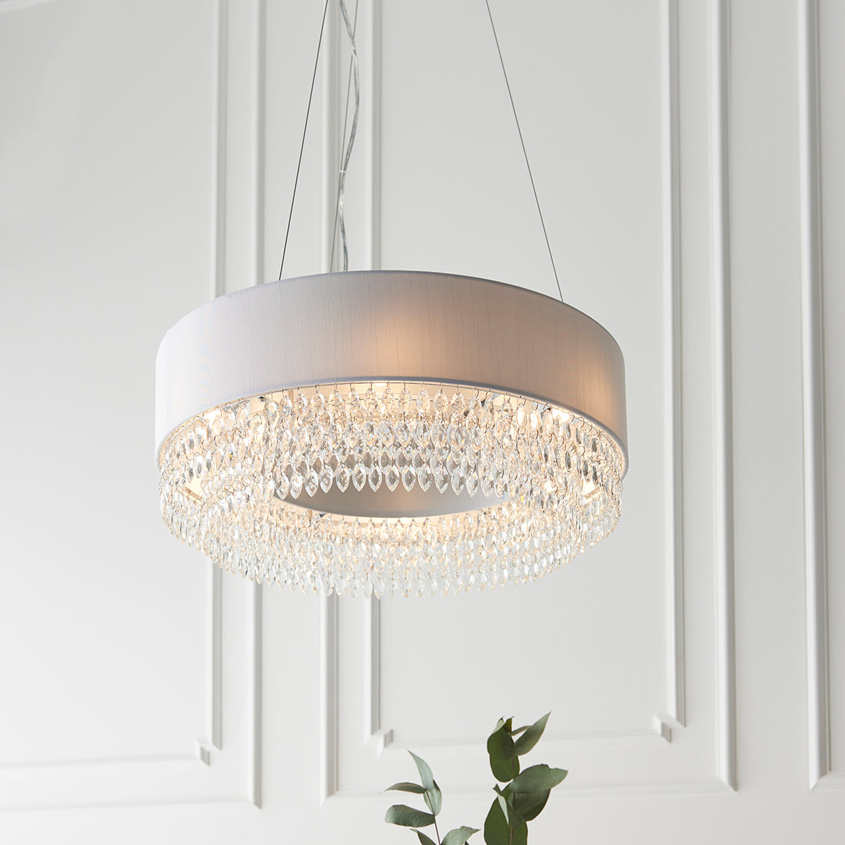 Silver grey fabric, clear glass & chrome plate