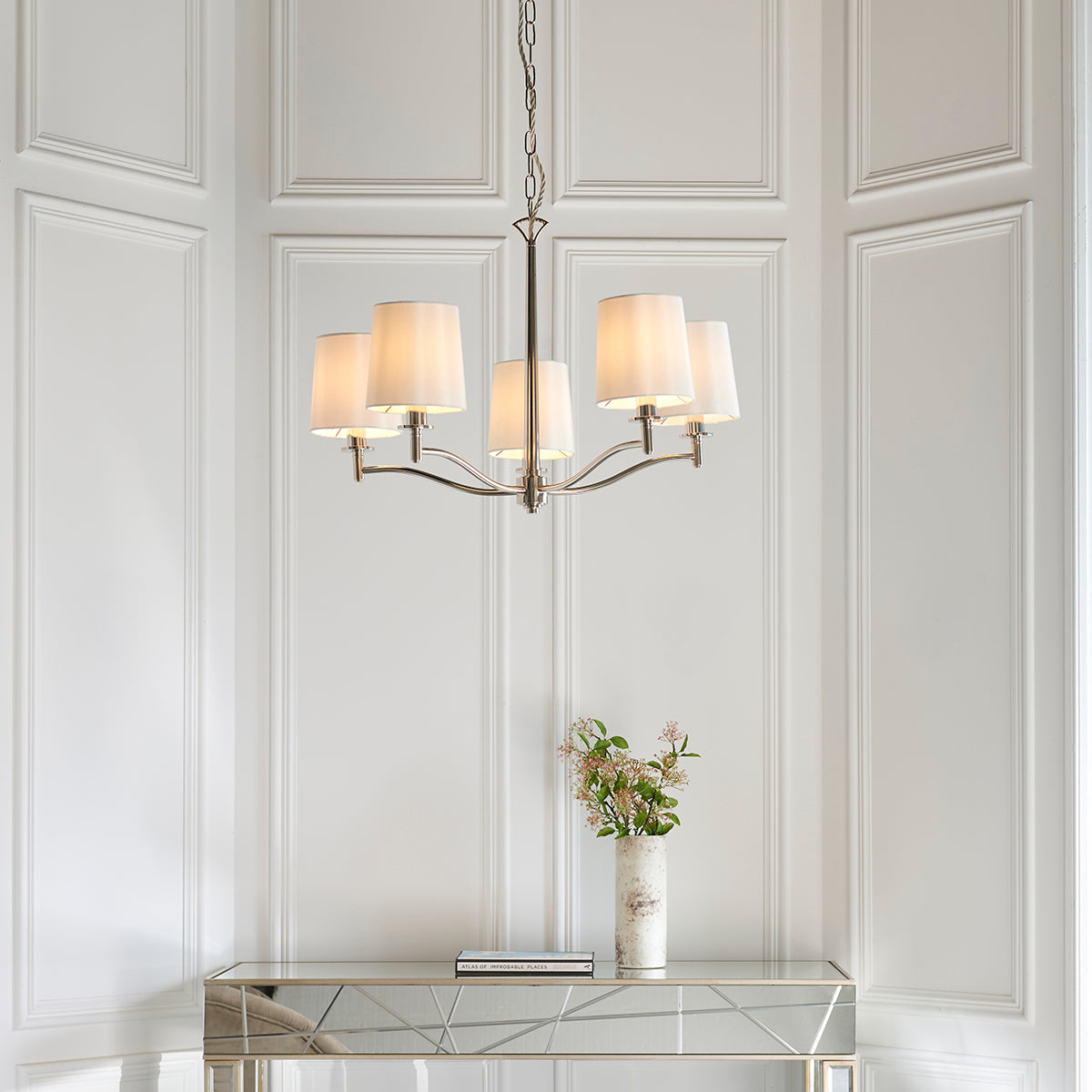 Bright nickel plate & vintage white fabric