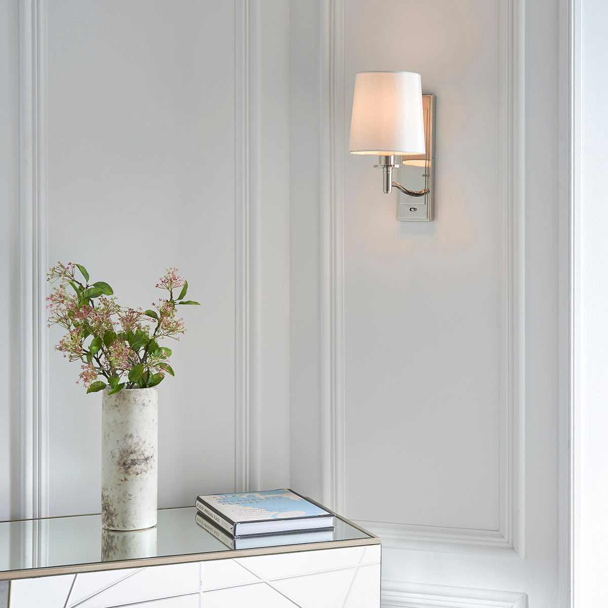Bright nickel plate & vintage white fabric
