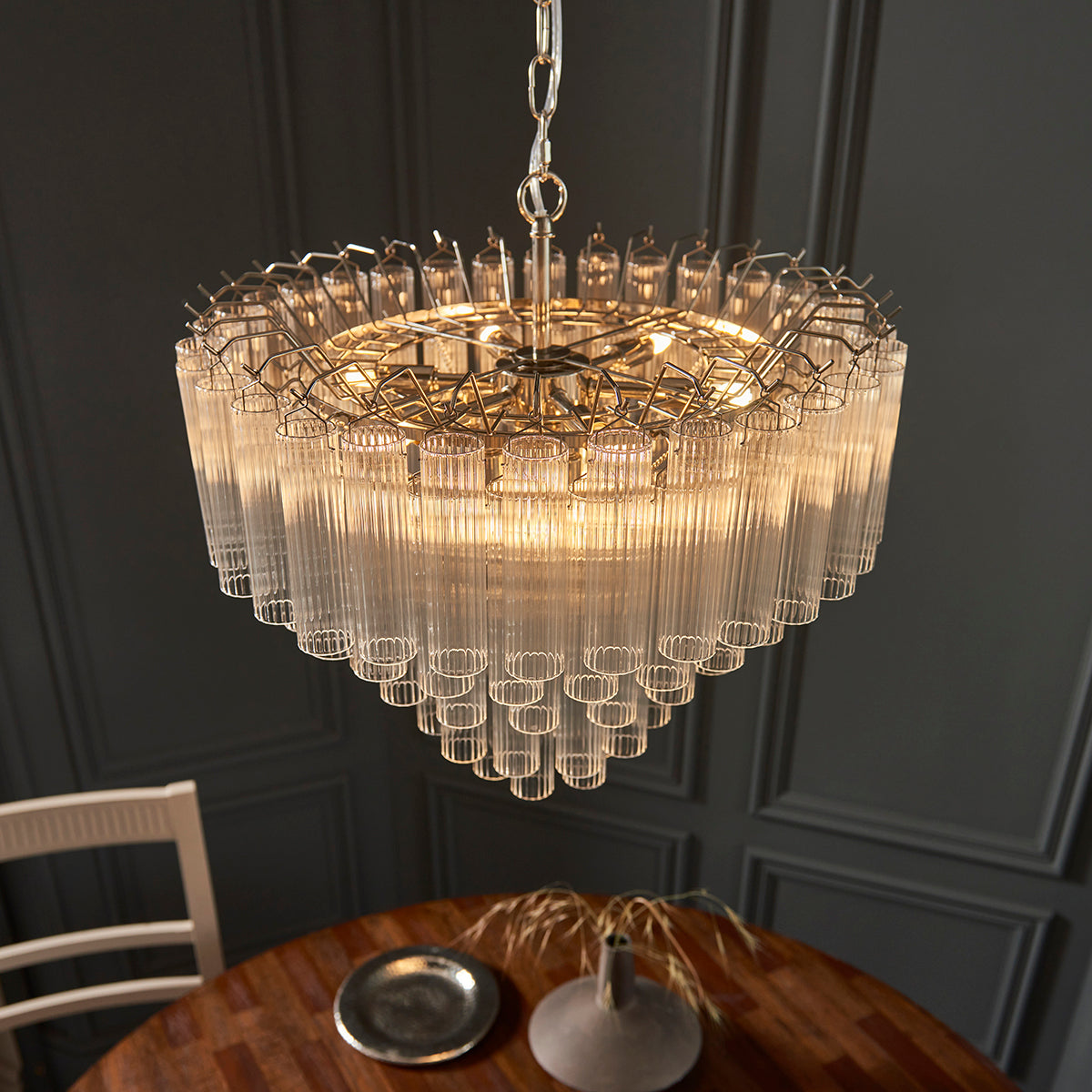 Bright nickel plate & clear ribbed glass