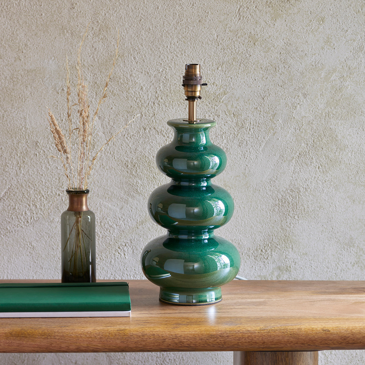 Gloss green reactive glaze & brushed aged brass plate
