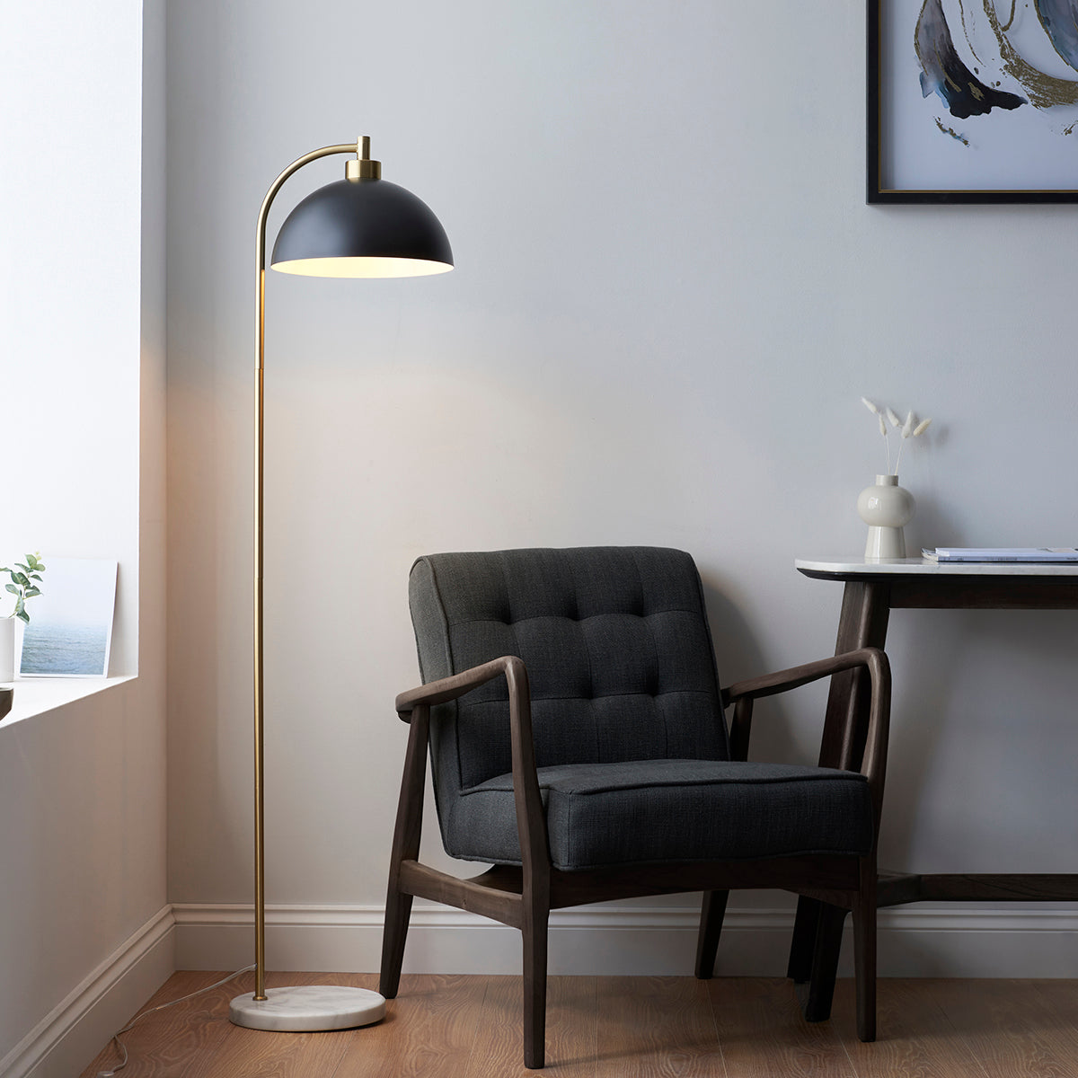 Matt black, antique brass plate & grey marble