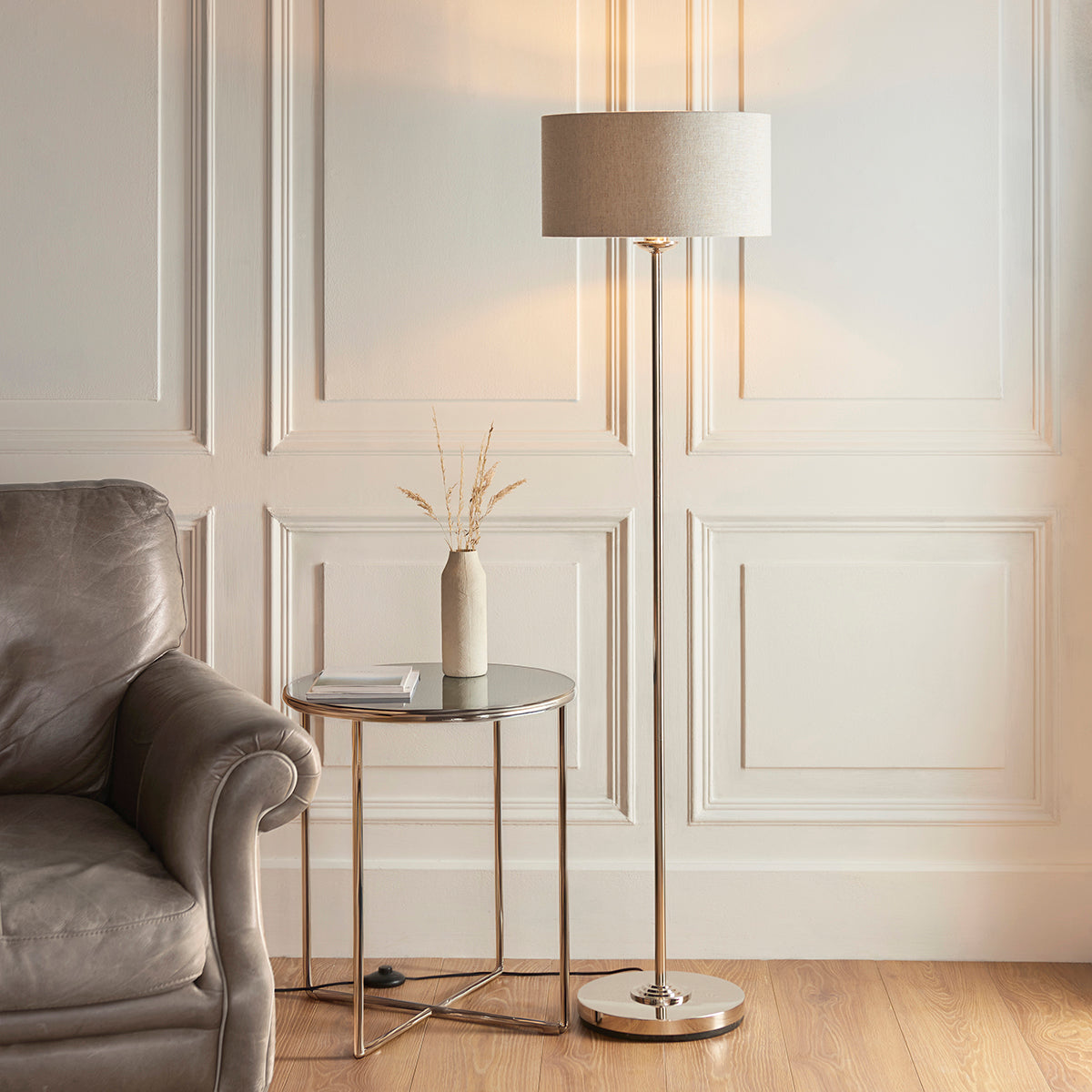 Brushed chrome plate & natural linen