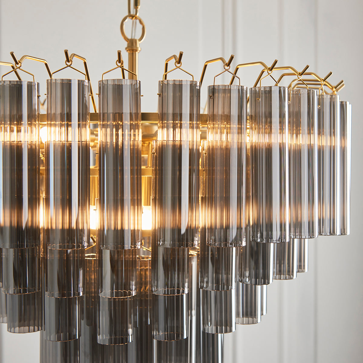 Satin brass plate & smokey grey lustre glass