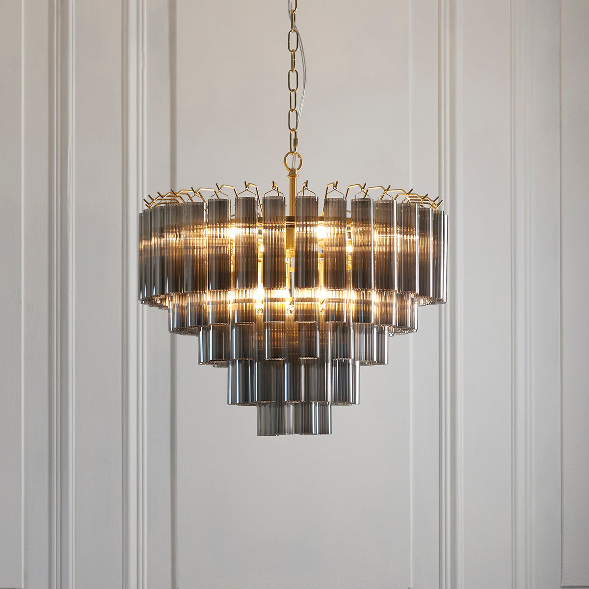 Satin brass plate & smokey grey lustre glass