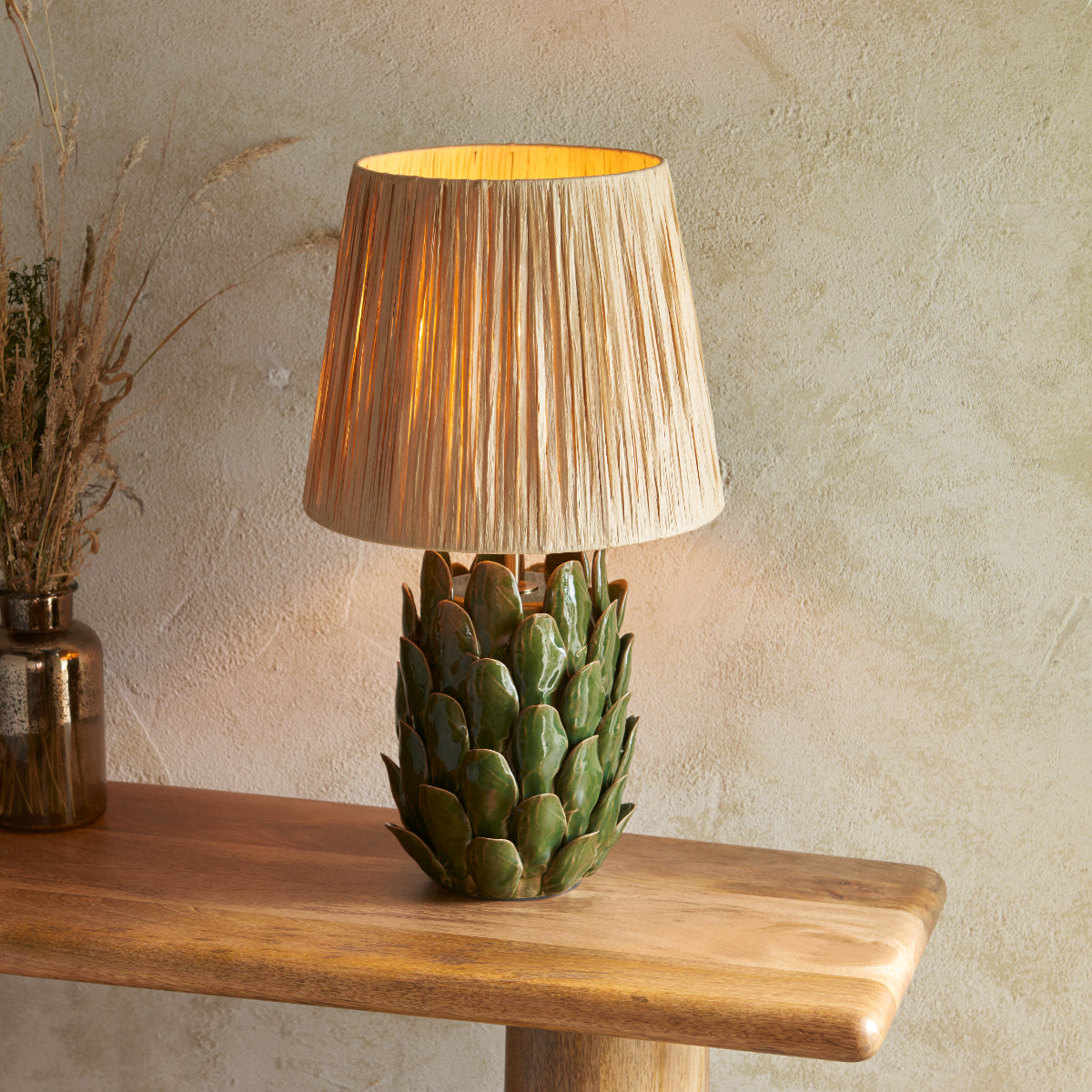 Dark Olive Glaze & Natural Raffia