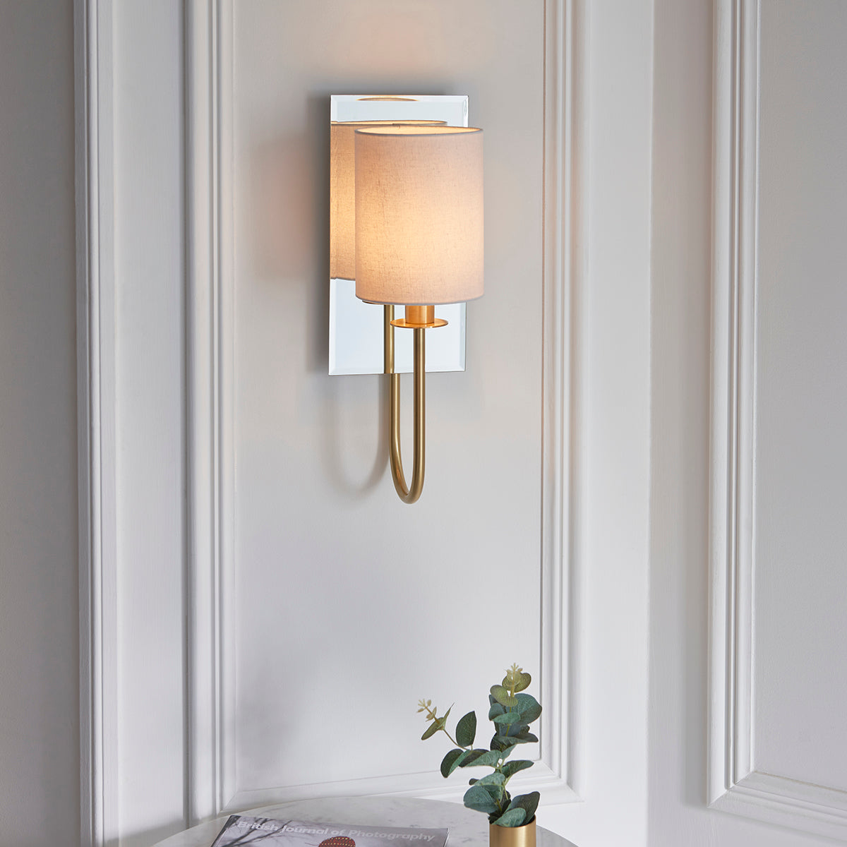 Satin brass plate & vintage white fabric