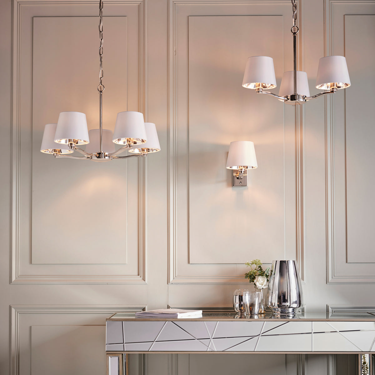 Bright nickel plate & vintage white fabric
