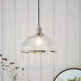 Marlowe Clear Ribbed Glass Pendant in Bright Nickel