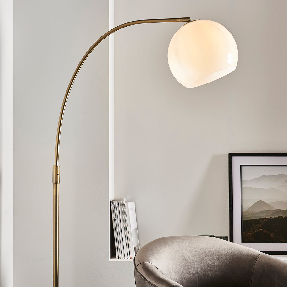 Moon Curved Floor Lamp in Brass, Black Marble and Opal