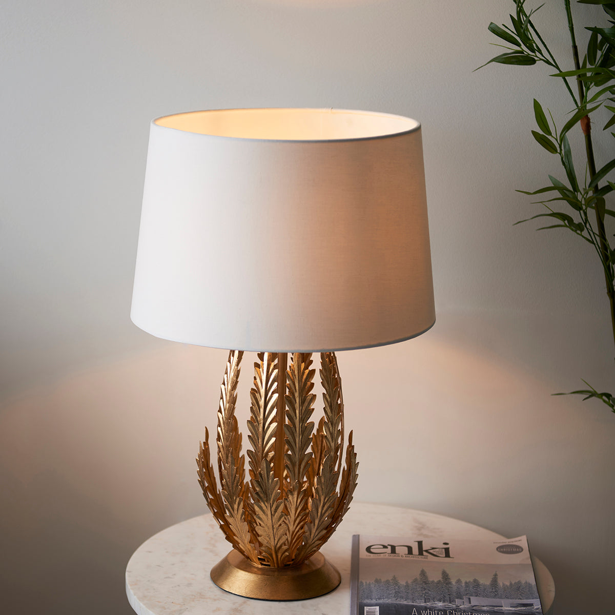 Nola Table Lamp in Gold Leaf with Ivory Cotton Fabric Shade