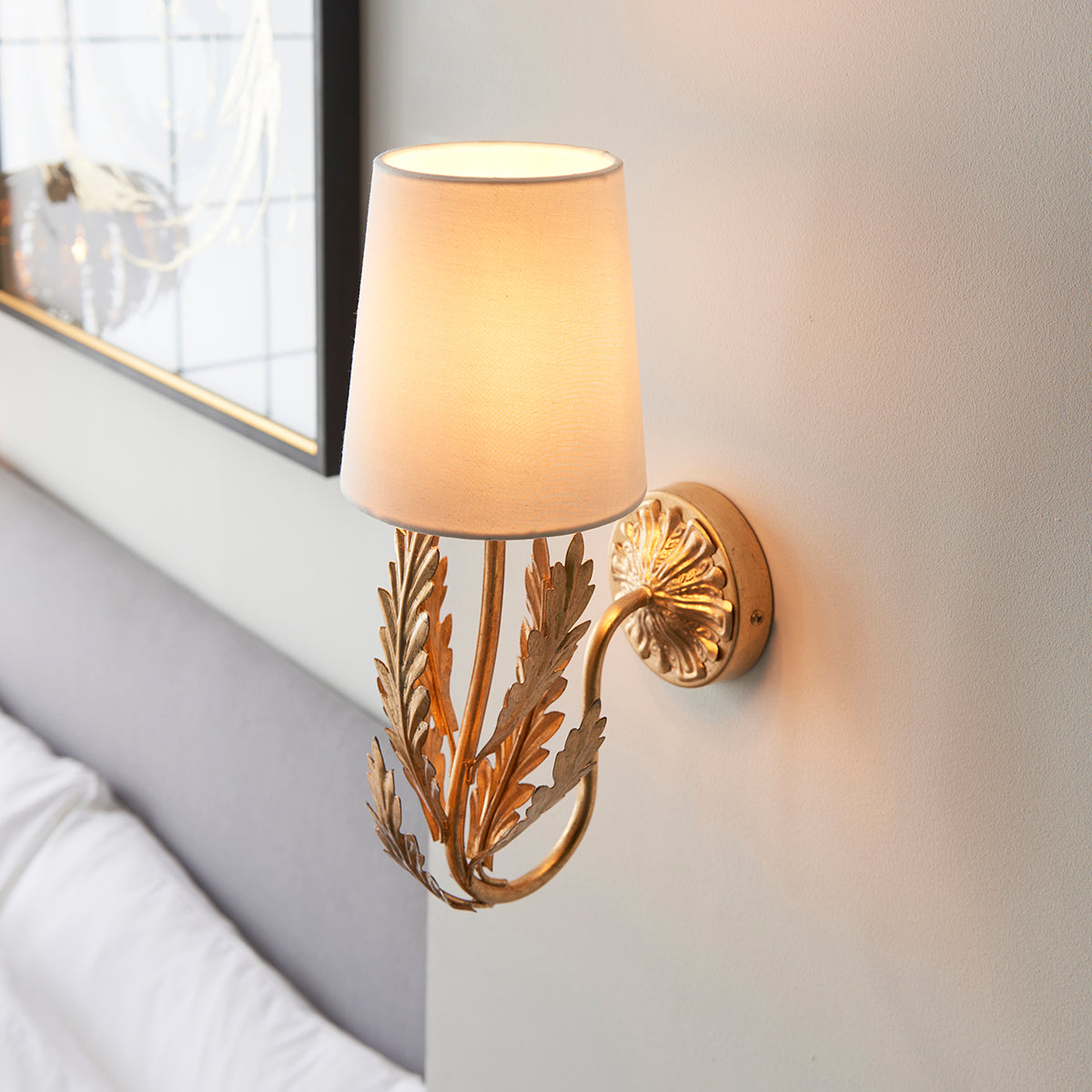 Nola Wall Light in Gold Leaf with Ivory Cotton Fabric Shade