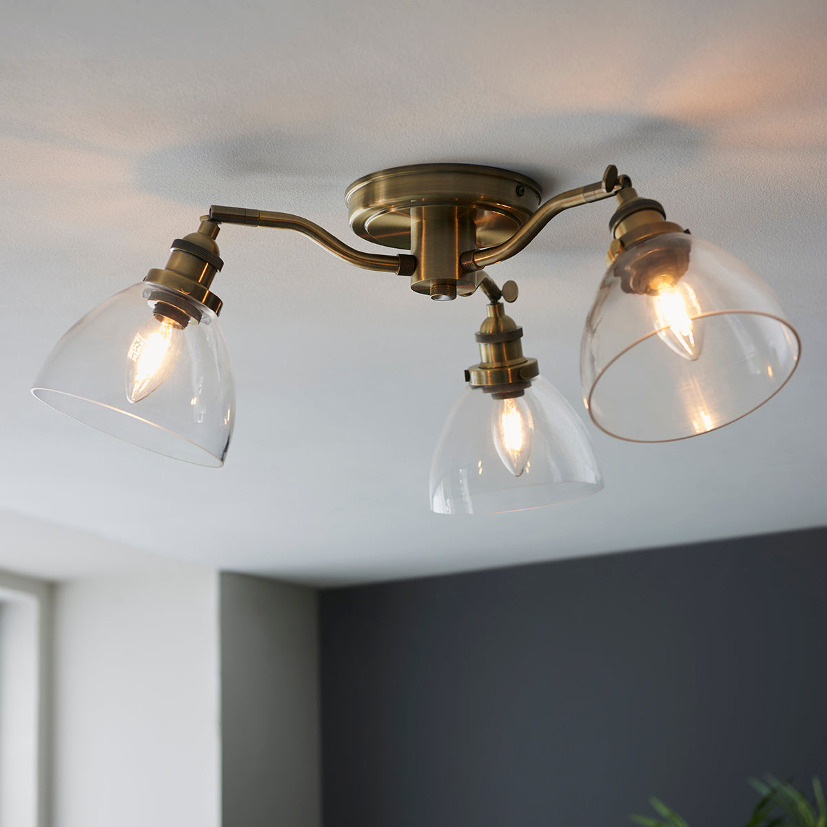 Marlowe Clear Glass Three Light Semi Flush Light in Antique Brass