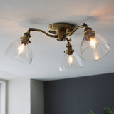 Marlowe Clear Glass Three Light Semi Flush Light in Antique Brass