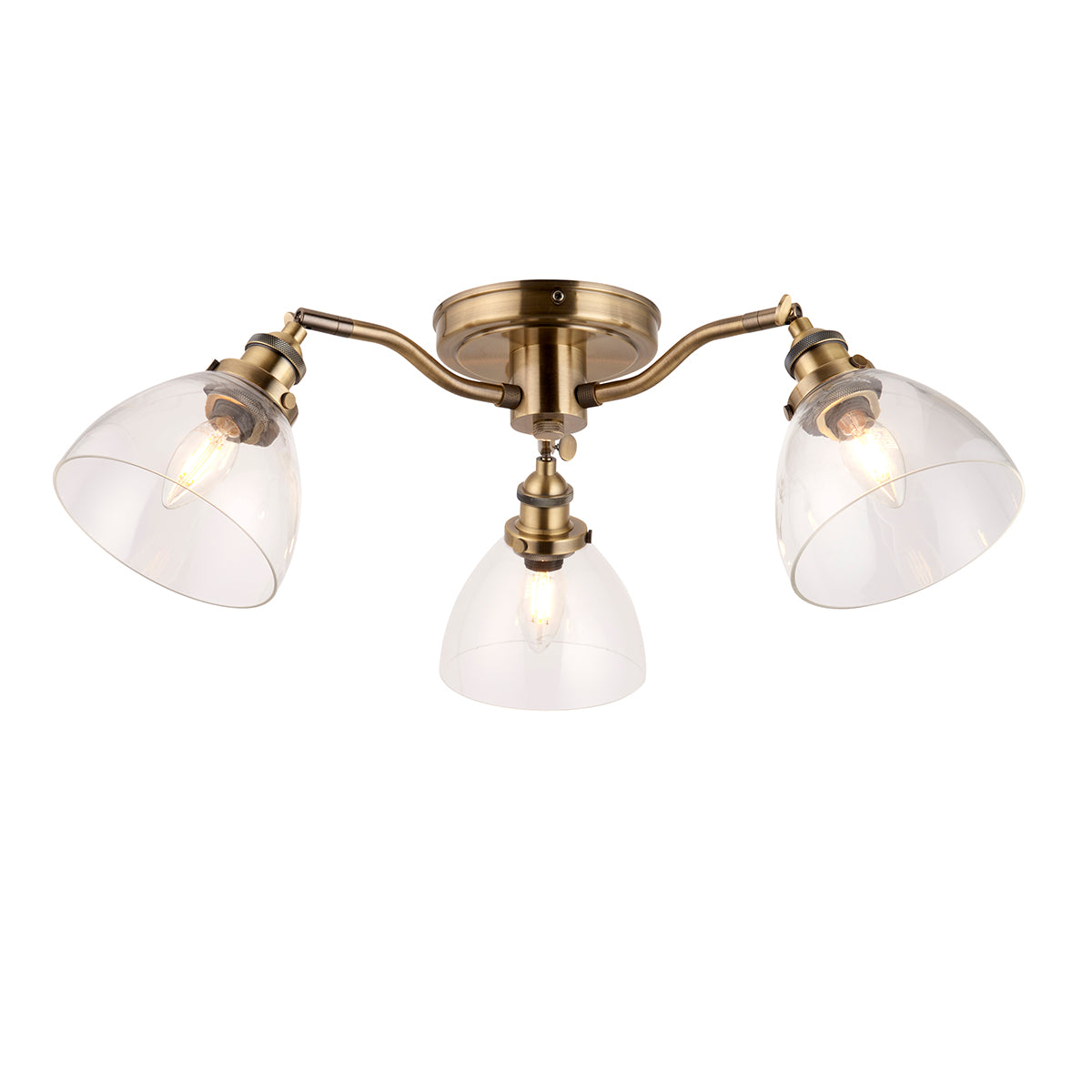 Marlowe Clear Glass Three Light Semi Flush Light in Antique Brass
