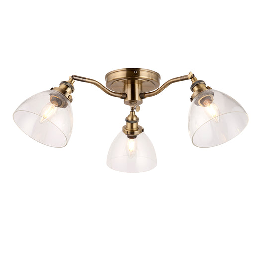 Marlowe Clear Glass Three Light Semi Flush Light in Antique Brass