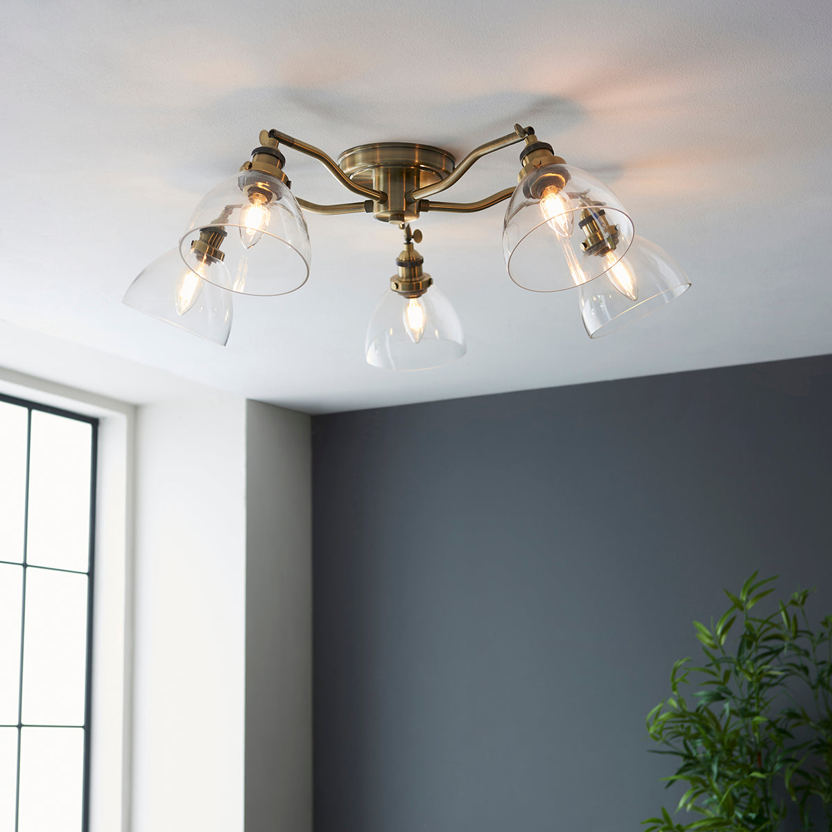 Marlowe Clear Glass Five Light Semi Flush Light in Antique Brass