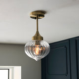Teardrop Clear Ribbed Glass Semi Flush Light in Antique Brass