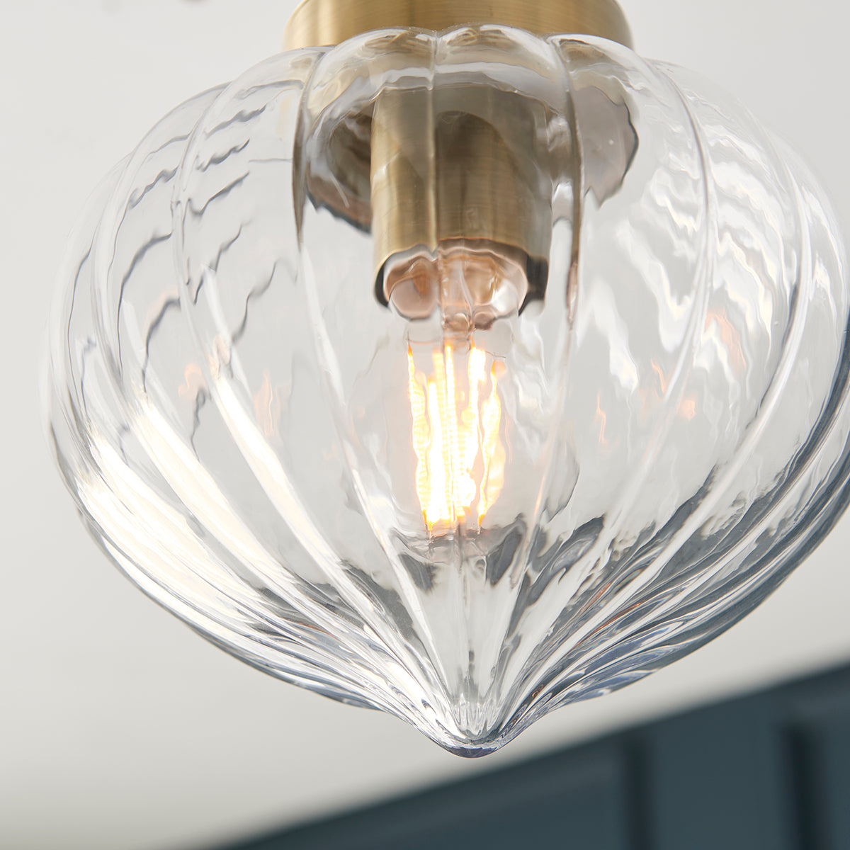 Teardrop Clear Ribbed Glass Semi Flush Light in Antique Brass