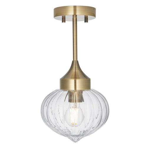 Teardrop Clear Ribbed Glass Semi Flush Light in Antique Brass