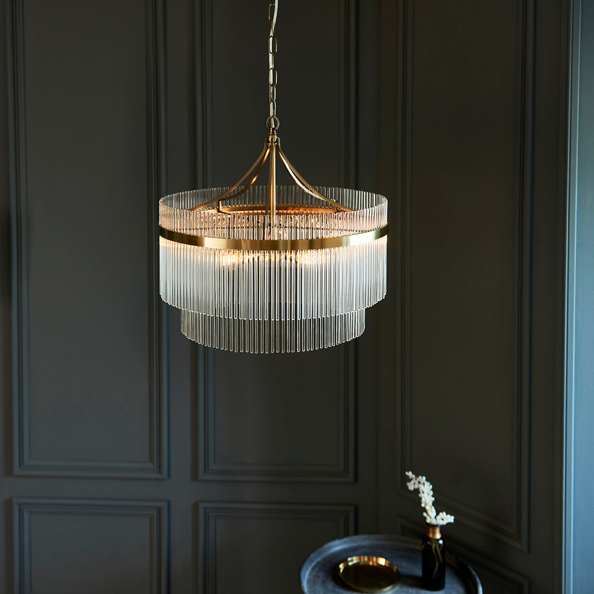 Seraphina Clear Glass Five Light Pendant in Antique Brass