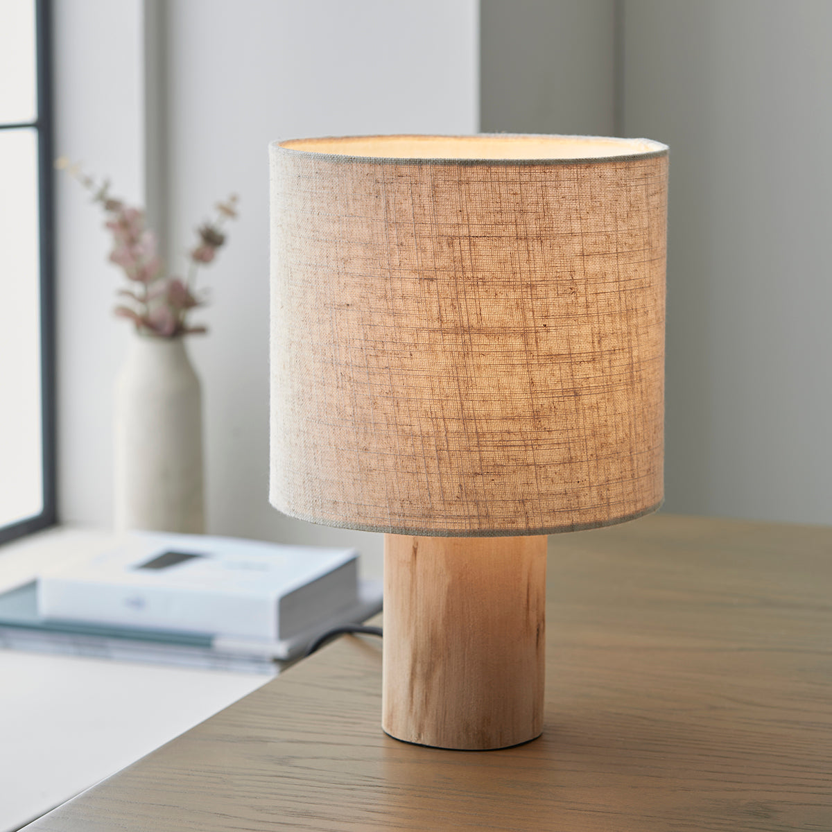 Faris Natural Eucalyptus Wood Table Lamp with Natural Linen Shade