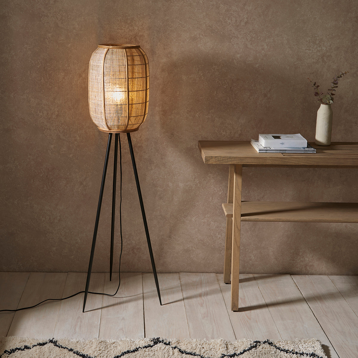 Ren Natural Bamboo Tripod Floor Lamp in Matt Black