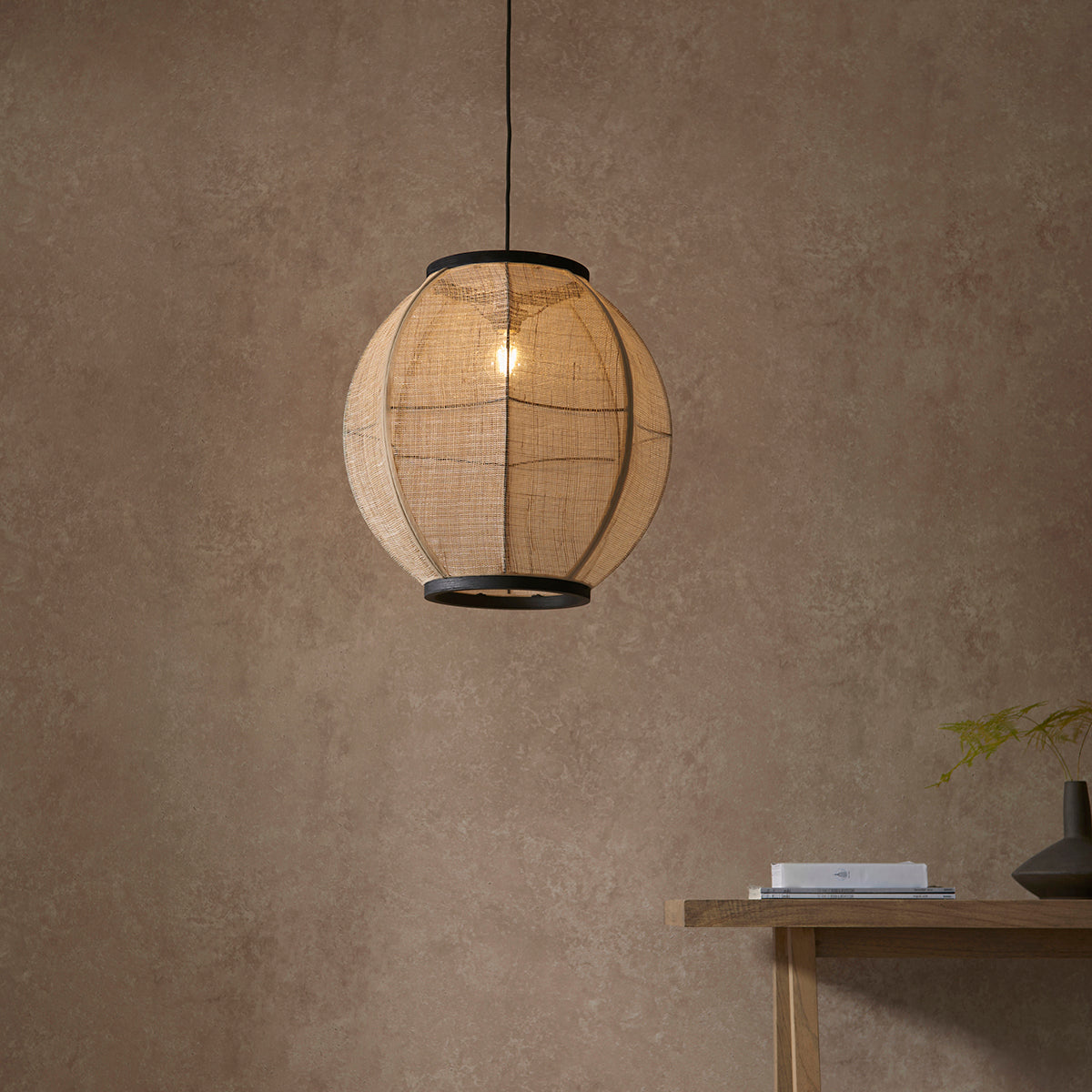 Ren Dark Plywood Round Pendant in Matt Black