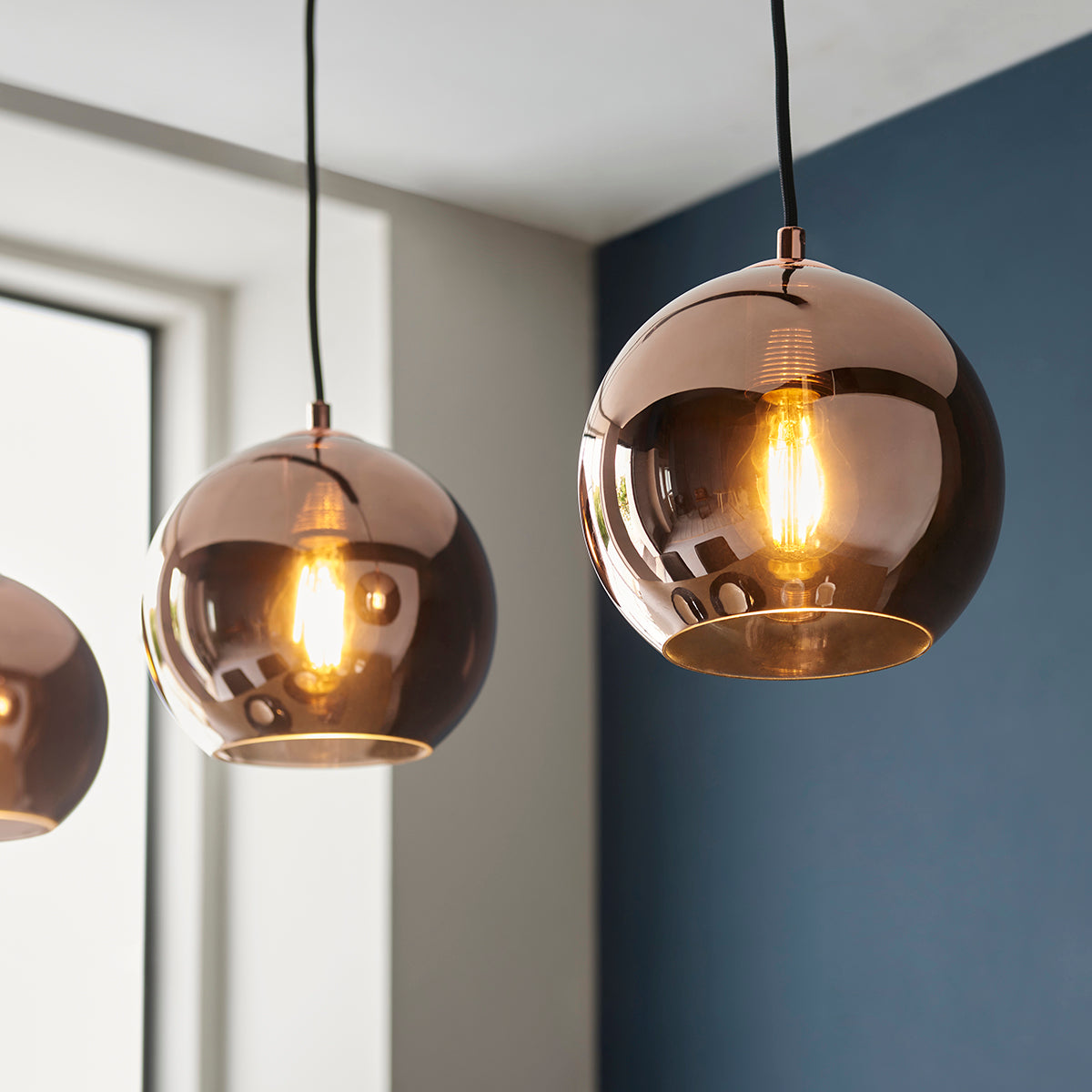 Ezra Copper Mirrored Glass Three Light Pendant in Matt Black