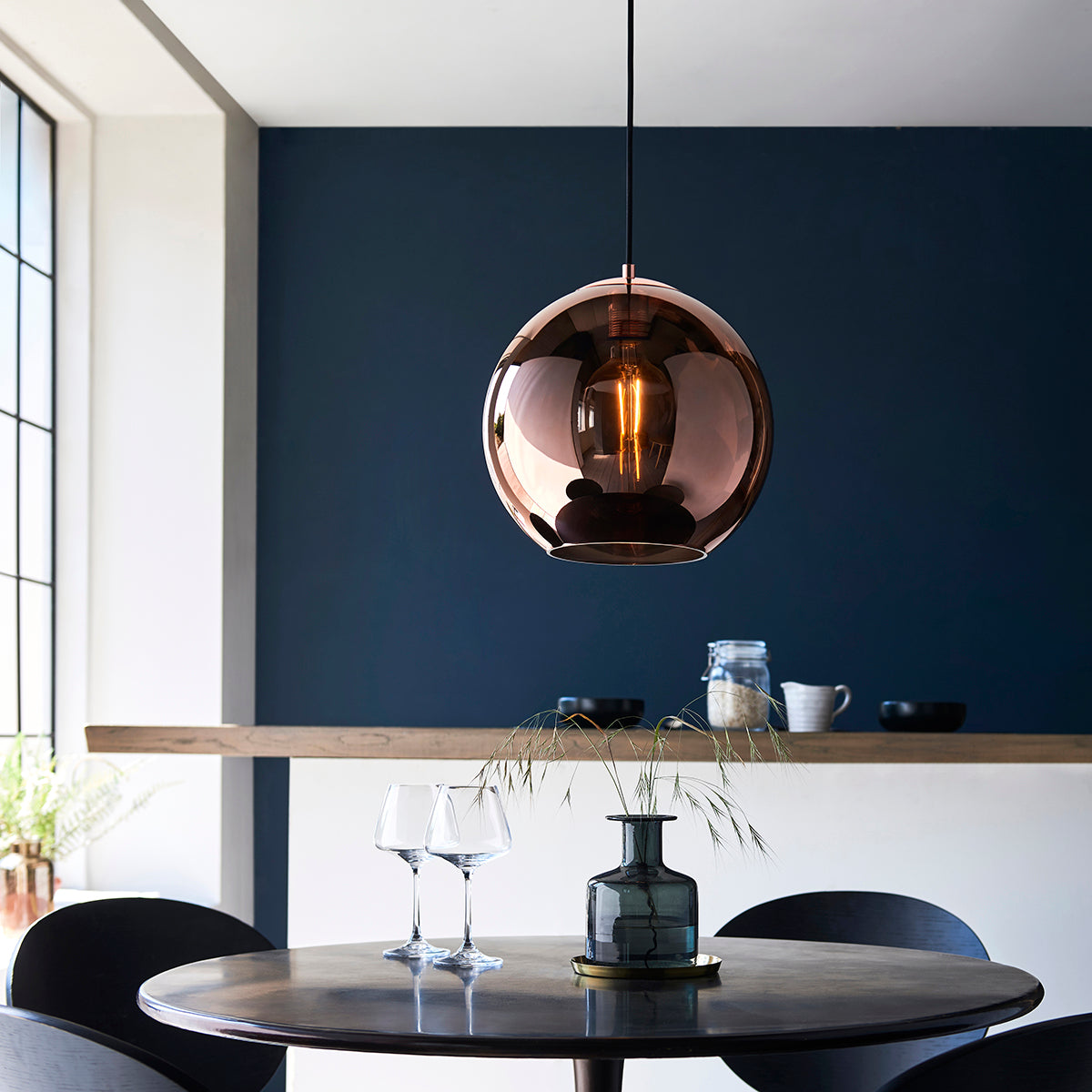 Ezra Copper Mirrored Glass Pendant in Matt Black