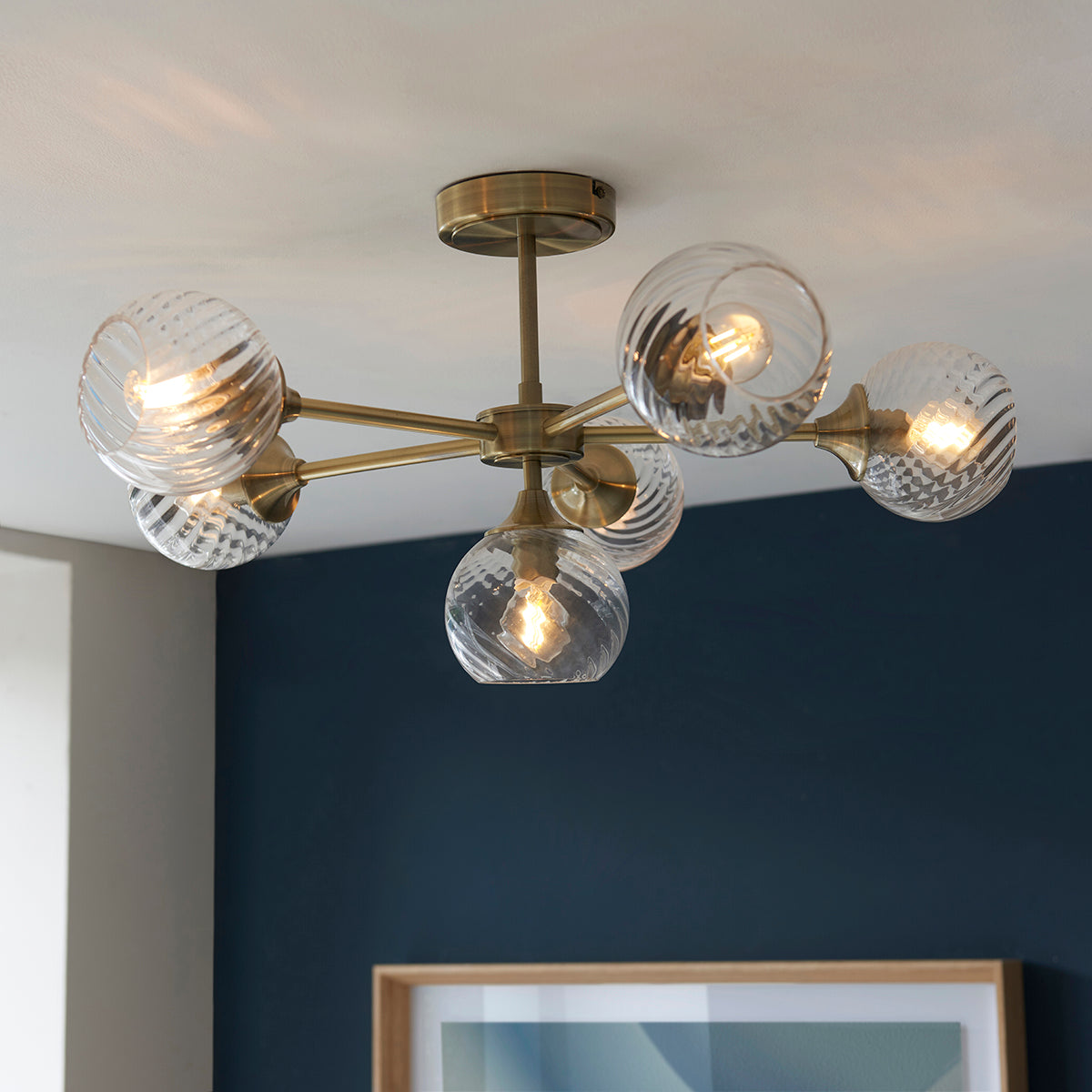 Madeline Spiral Glass Six Light Semi Flush Light in Antique Brass