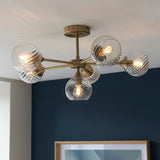 Madeline Spiral Glass Six Light Semi Flush Light in Antique Brass