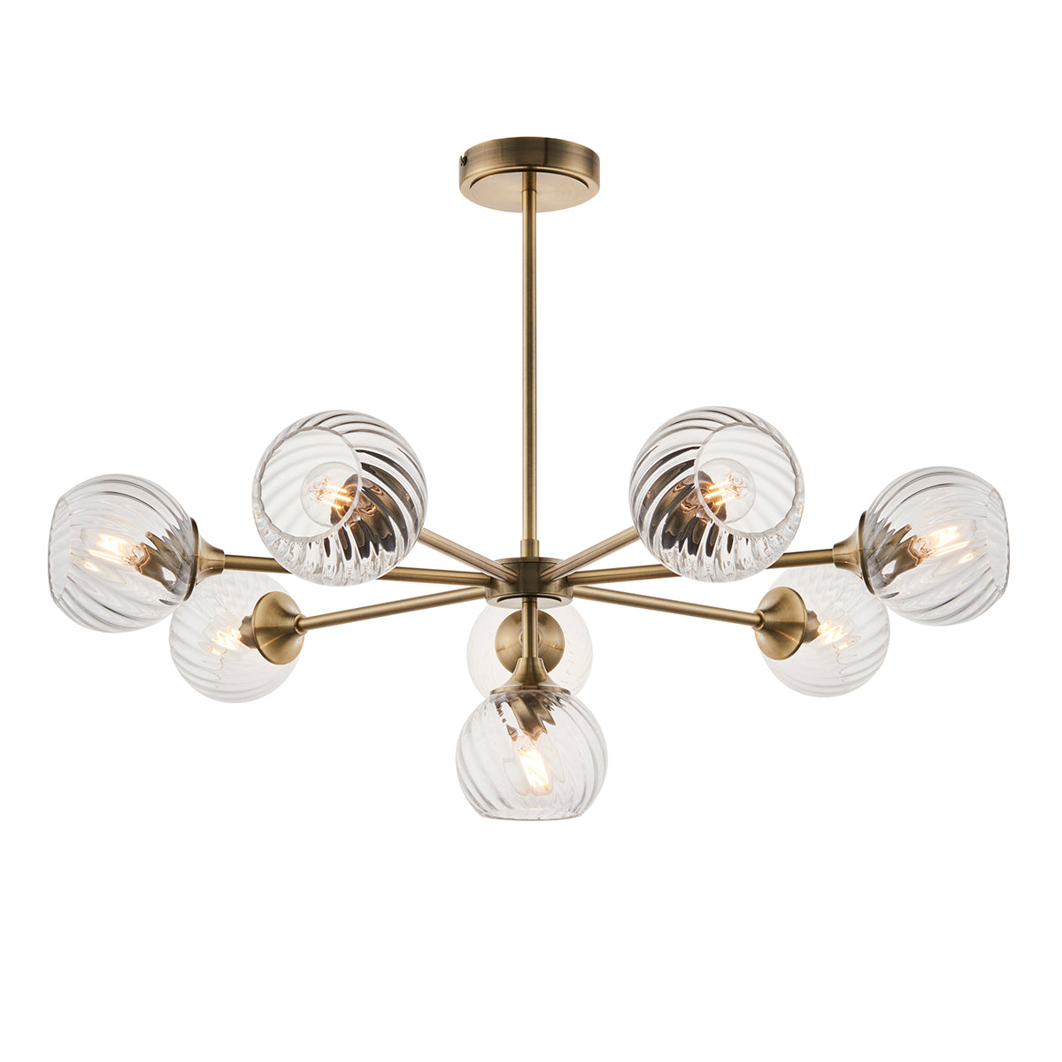Madeline Spiral Glass Eight Light Pendant in Antique Brass