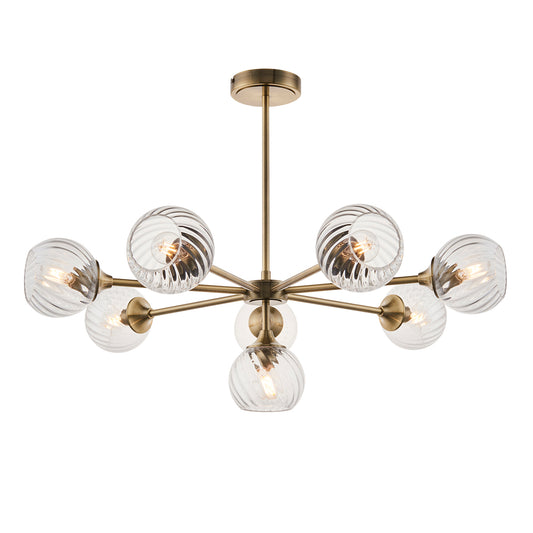 Madeline Spiral Glass Eight Light Pendant in Antique Brass