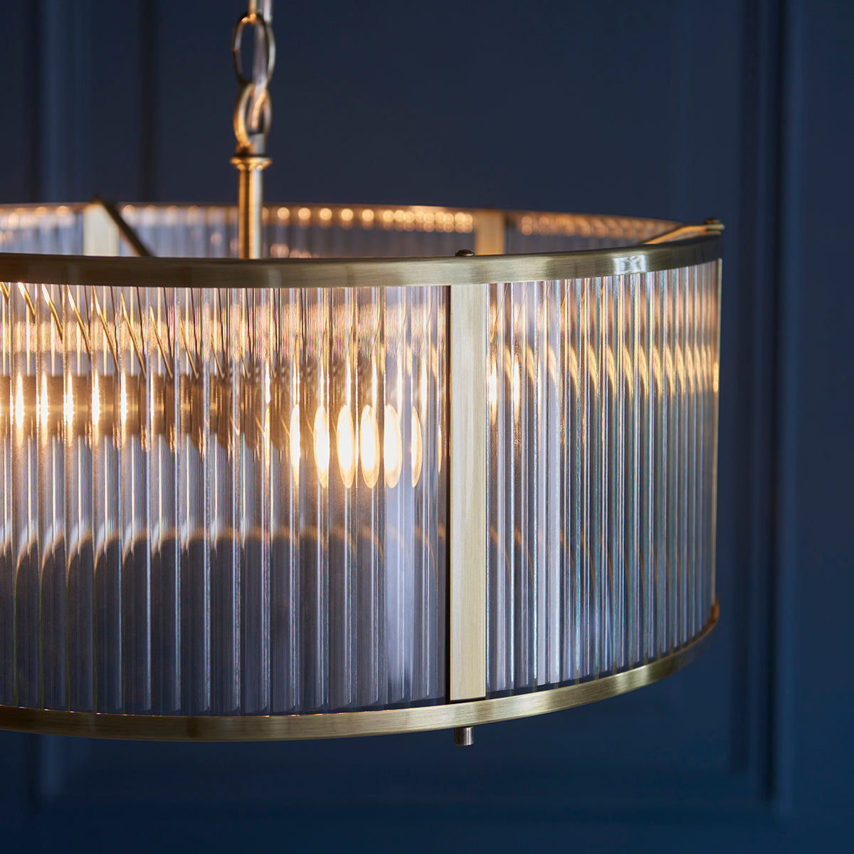 Somerset Ribbed Glass Three Light Pendant in Antique Brass