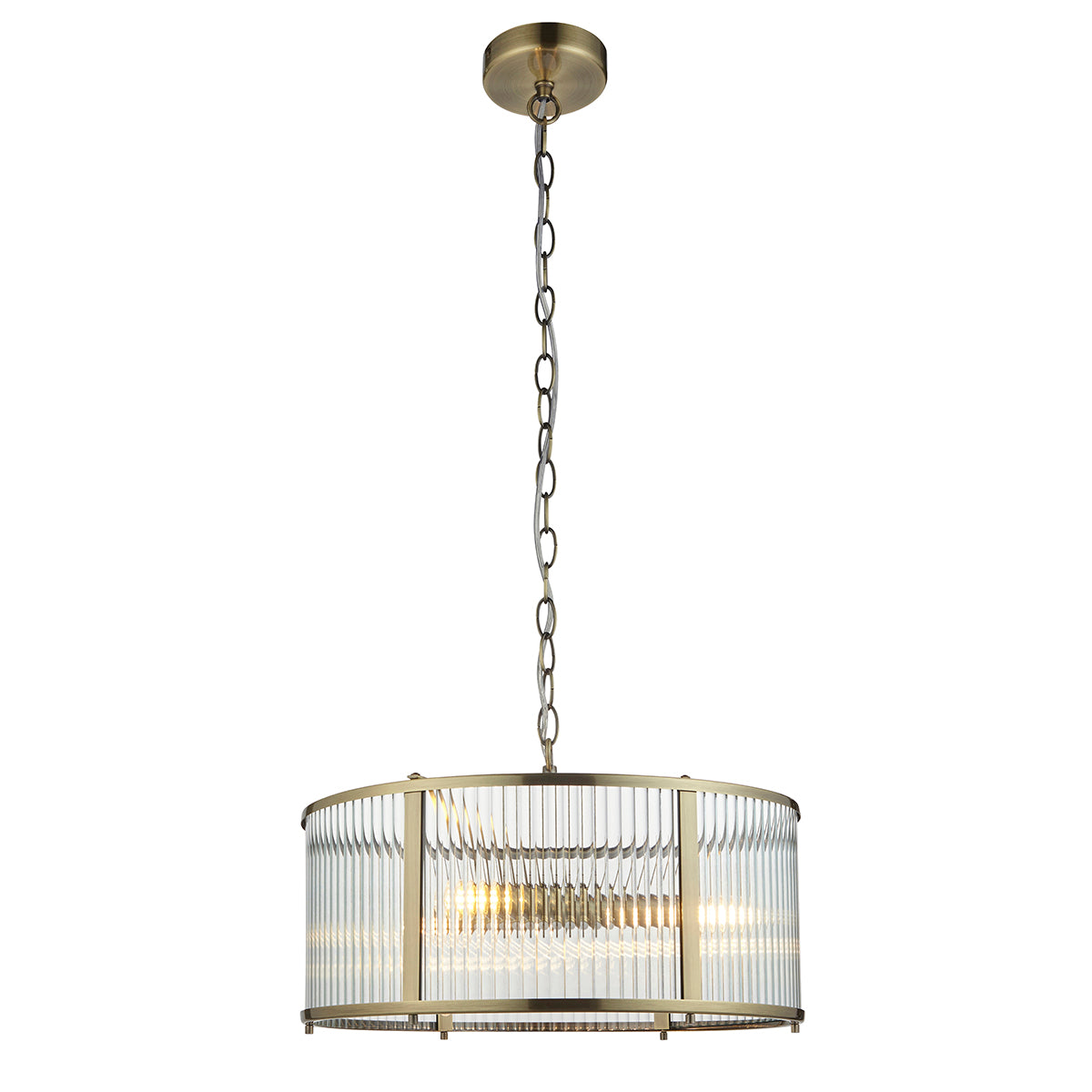 Somerset Ribbed Glass Three Light Pendant in Antique Brass