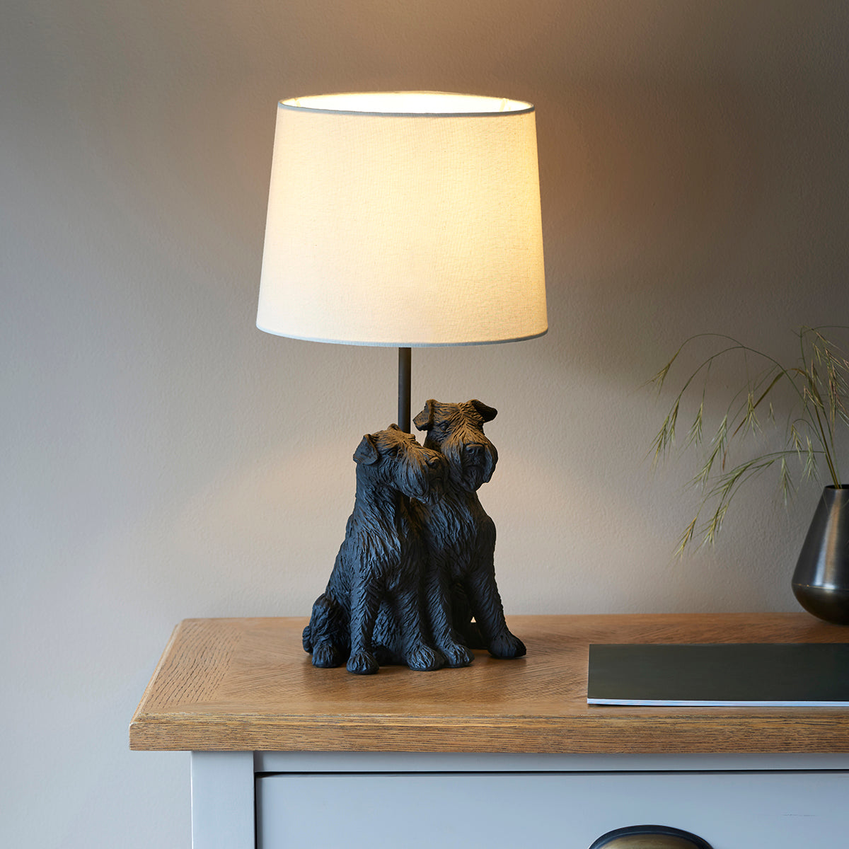 Westies Table Lamp in Matt Black with Natural Linen Shade