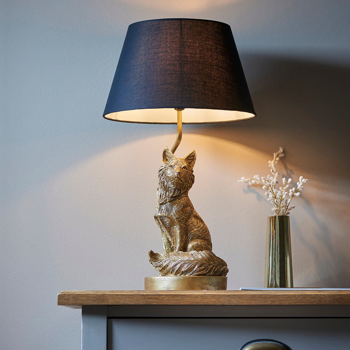 Frank the Fox Table Lamp in Vintage Gold with Black Fabric Shade