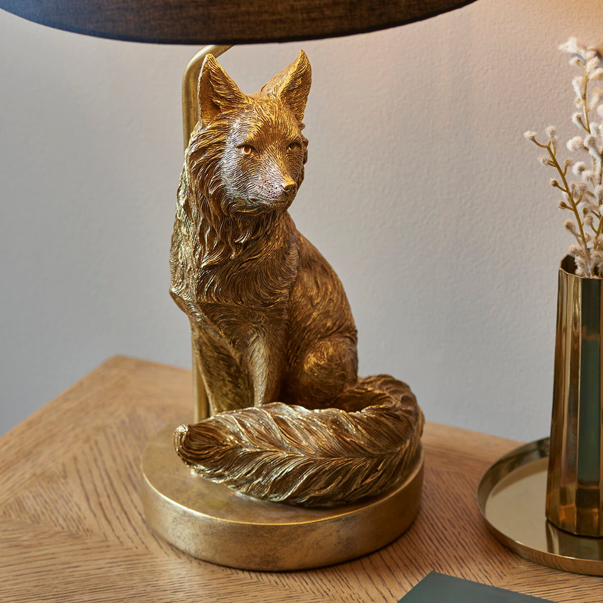 Frank the Fox Table Lamp in Vintage Gold with Black Fabric Shade