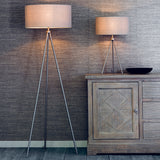Milo Tripod Floor Lamp in Matt Nickel with Grey Fabric Shade