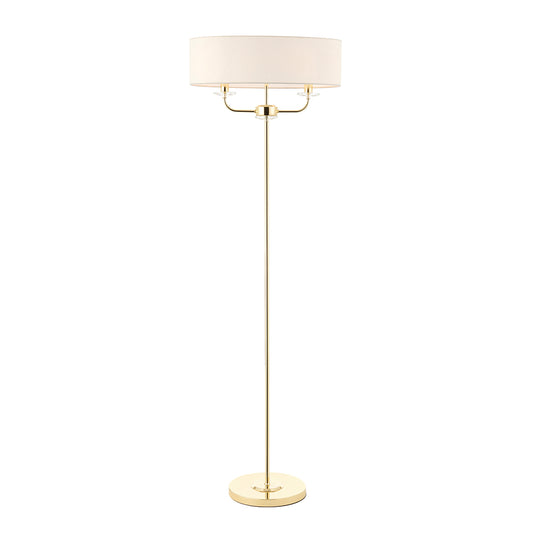 Roosevelt Two Light Floor Lamp in Brass with Vintage White Fabric Shade